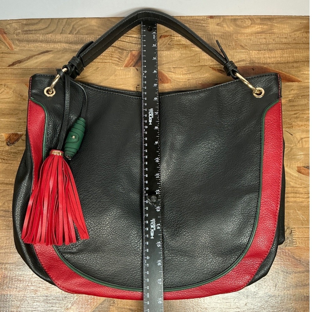 Hobo Bag Women Large Black Red Green Stripe Tassel Vegan Leather - Picture 3 of 9